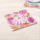 Pastel Pink Halloween Ghost with Flowers and Pumpk スクエアペーパーコースター (アングル)