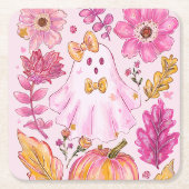 Pastel Pink Halloween Ghost with Flowers and Pumpk スクエアペーパーコースター (正面)