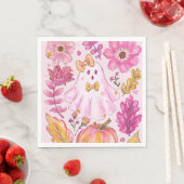 Pastel Pink Halloween Ghost with Flowers and Pumpk スタンダードランチョンナプキン (インサイチュ)