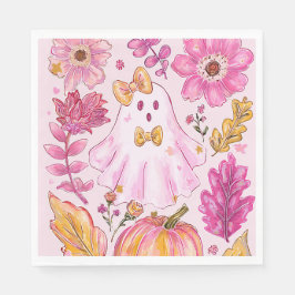 Pastel Pink Halloween Ghost with Flowers and Pumpk スタンダードランチョンナプキン