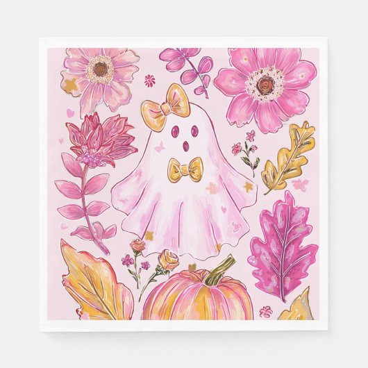 Pastel Pink Halloween Ghost with Flowers and Pumpk スタンダードランチョンナプキン (正面)