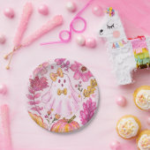 Pastel Pink Halloween Ghost with Flowers and Pumpk ペーパープレート (パーティー)