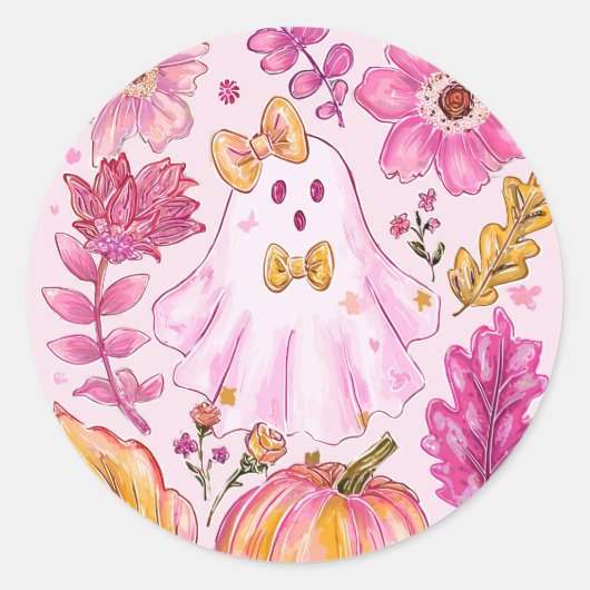 Pastel Pink Halloween Ghost with Flowers and Pumpk ラウンドシール (正面)