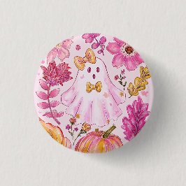 Pastel Pink Halloween Ghost with Flowers and Pumpk 缶バッジ