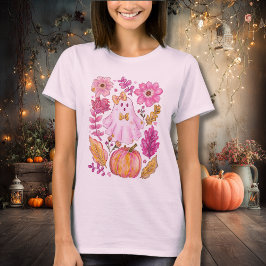 Pastel Pink Halloween Ghost with Flowers and Pumpk Tシャツ