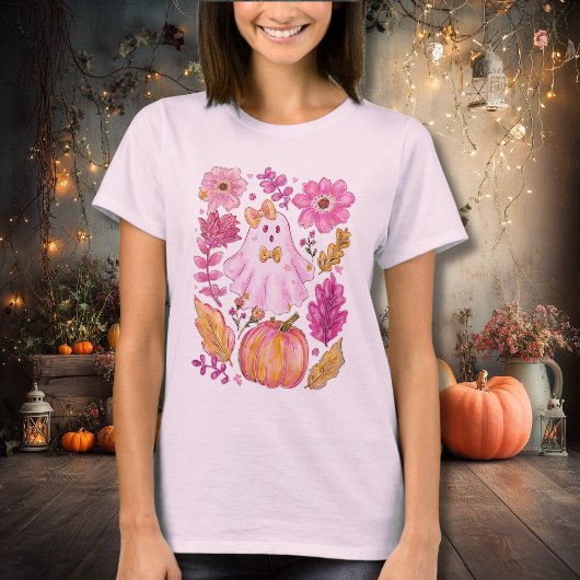 Pastel Pink Halloween Ghost with Flowers and Pumpk Tシャツ