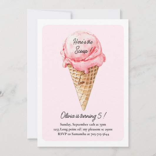 Pastel Pink Ice Cream Cone Birthday Party  招待状 (正面)