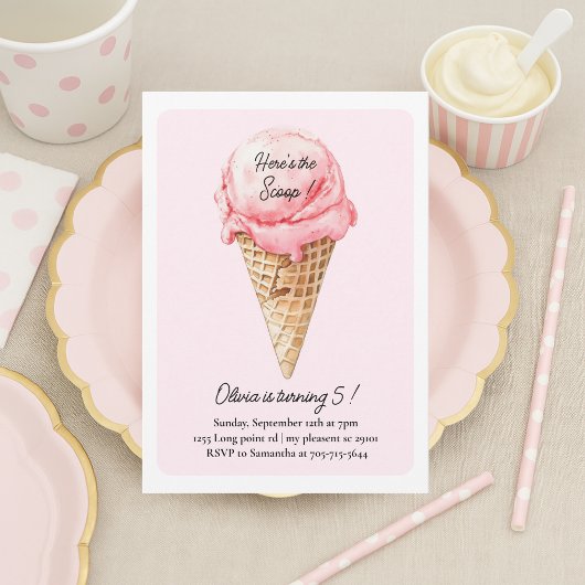 Pastel Pink Ice Cream Cone Birthday Party  招待状