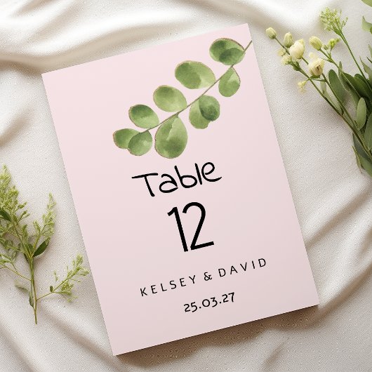 Pastel pink mint eucalyptus leaf Table Numbers 招待状
