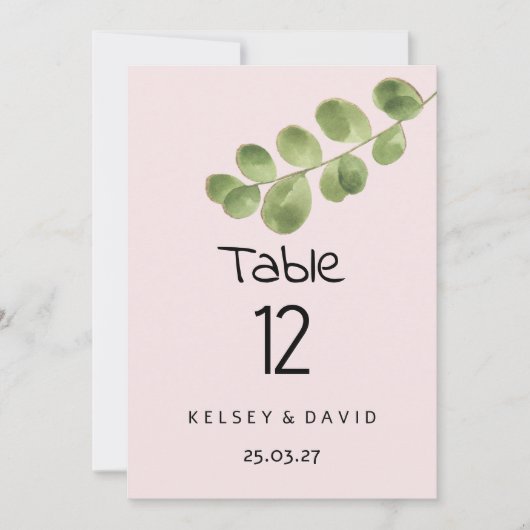 Pastel pink mint eucalyptus leaf Table Numbers 招待状 (正面)