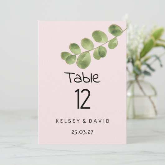Pastel pink mint eucalyptus leaf Table Numbers 招待状 (スタンド正面)