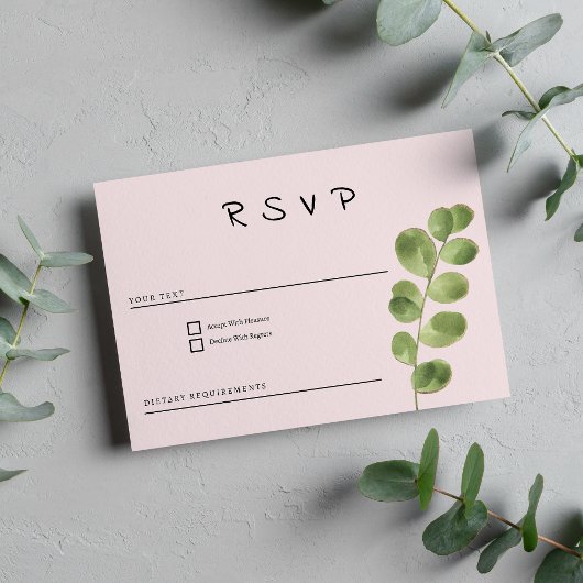 Pastel pink mint gold eucalyptus leaf RSVP 招待状