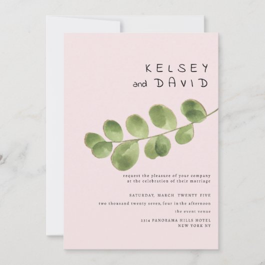 Pastel pink mint gold eucalyptus leaf wedding 招待状 (正面)