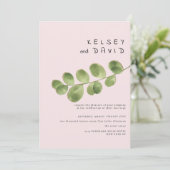 Pastel pink mint gold eucalyptus leaf wedding 招待状 (スタンド正面)