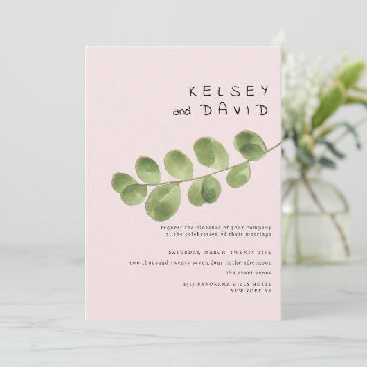 Pastel pink mint gold eucalyptus leaf wedding 招待状 (スタンド正面)