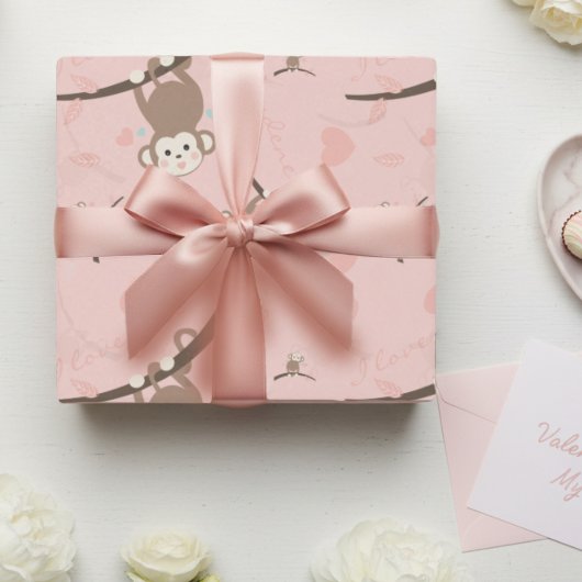 Pastel Pink Monkey Valentine Wrapping Paper ラッピングペーパー