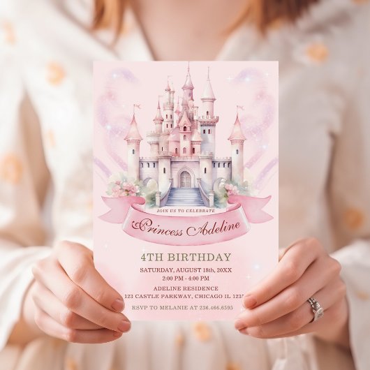 Pastel Pink Princess Royal Castle 4th Birthday 招待状