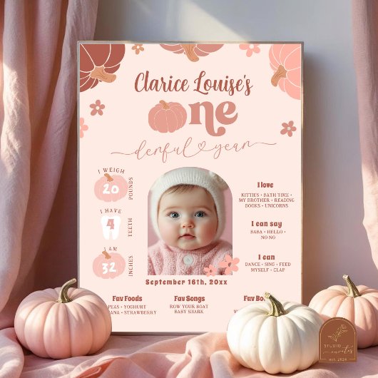 Pastel Pink Pumpkin 1st Birthday Photo Milestone ポスター