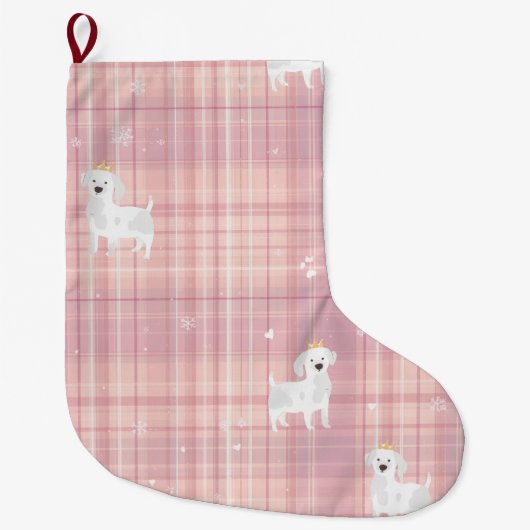Pastel Pink Puppy Christmas Stocking with Crowns ラージクリスマスストッキング (正面)