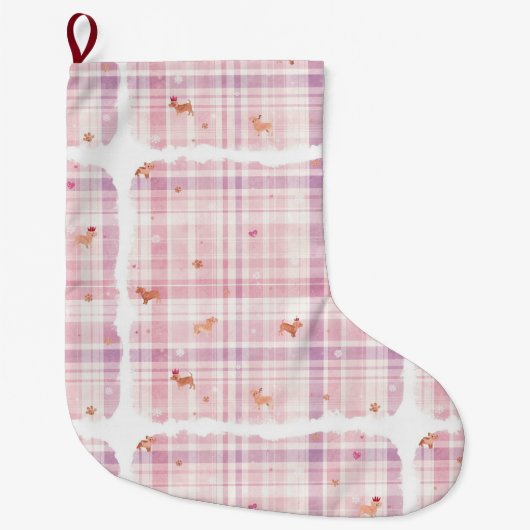 Pastel Pink Puppy Christmas Stocking with Crowns ラージクリスマスストッキング (正面)