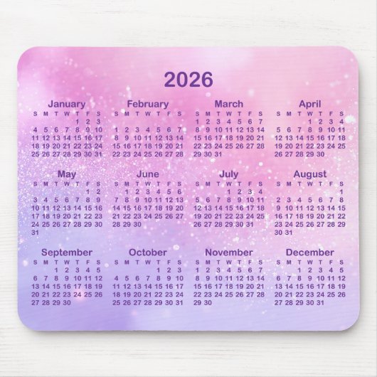 Pastel Pink Purple Glitter 2026 Calendar マウスパッド (正面)