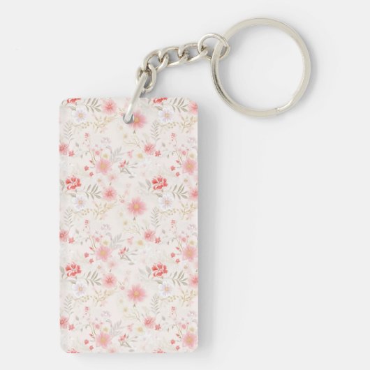 Pastel Pink Red White Flowers Pattern Two-sided キーホルダー (裏面)