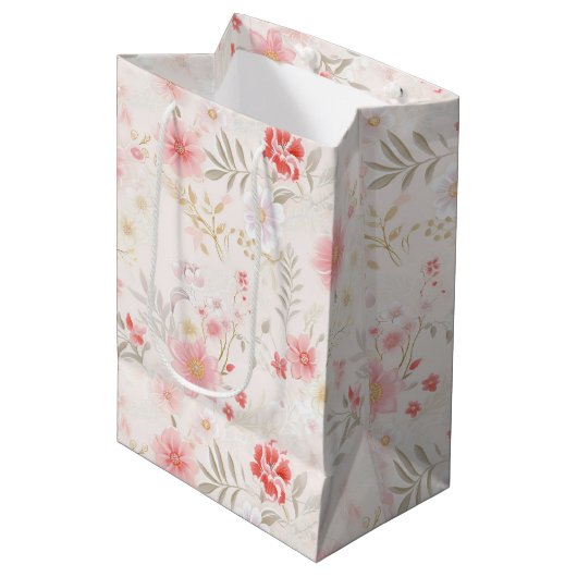Pastel Pink Red White Flowers Pattern Wine, Small, ミディアムペーパーバッグ (正面アングル)