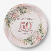 Pastel Pink Rose Gold Blush Flowers 50th Birthday  ペーパープレート (正面)