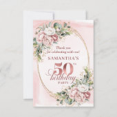 Pastel Pink Rose Gold Greenery 50th Birthday  サンキューカード (正面)