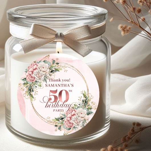 Pastel Pink Rose Gold Greenery 50th Birthday   ラウンドシール