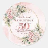 Pastel Pink Rose Gold Greenery 50th Birthday   ラウンドシール (正面)