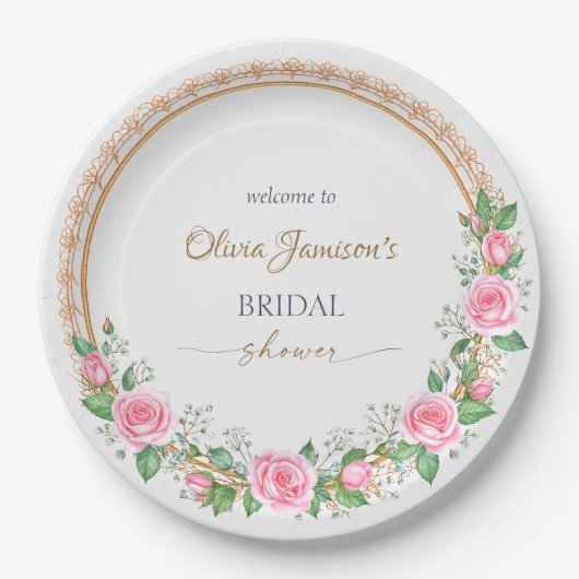 Pastel Pink Roses & Baby’s Breath Bridal Wreath ペーパープレート (正面)