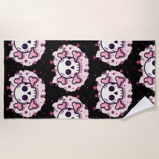 Pastel Pink Skull and Crossbones ビーチタオル (正面)