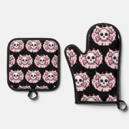 Pastel Pink Skull and Crossbones 鍋つかみ&鍋敷きセット