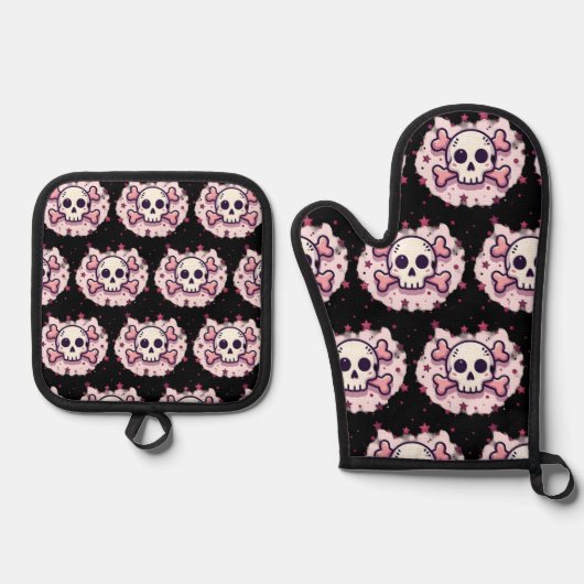 Pastel Pink Skull and Crossbones 鍋つかみ&鍋敷きセット (正面)