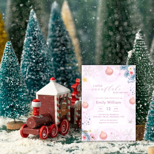 Pastel Pink Snowflake Floral Winter Baby Shower 招待状