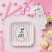 Pastel Pink Stripes and Black Dog Illustration ペーパープレート (パーティー)