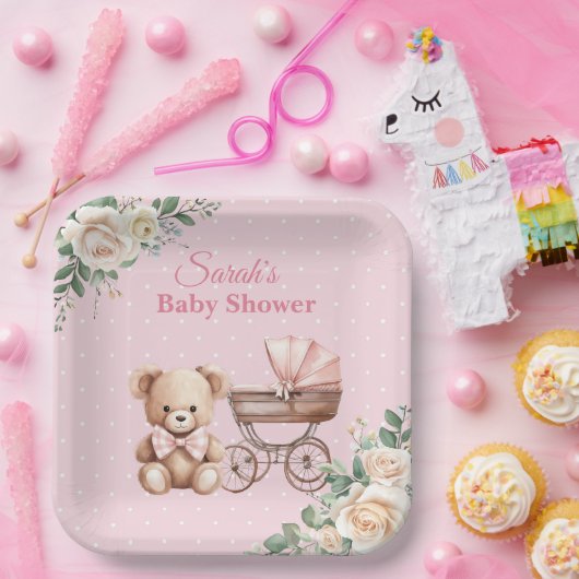 Pastel Pink Teddy Bear Baby Shower Paper Plate ペーパープレート (パーティー)