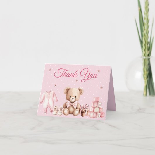 Pastel Pink Teddy Bear Baby Shower Thank You ノートカード (正面)