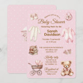 Pastel Pink Teddy Bear Clothes & Gifts-Baby Shower 招待状 (正面/裏面)