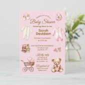 Pastel Pink Teddy Bear Clothes & Gifts-Baby Shower 招待状 (スタンド正面)