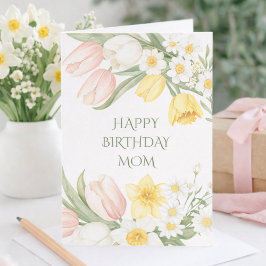 Pastel Pink Tulips Daffodils Floral Birthday Card カード