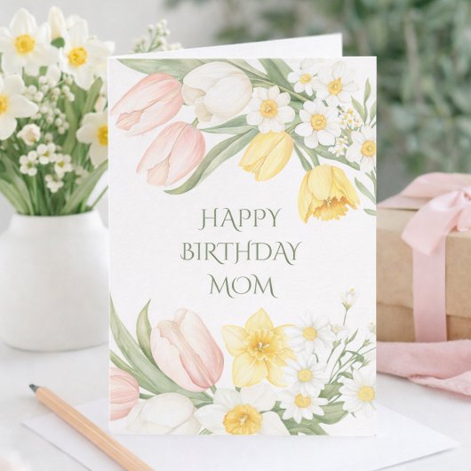 Pastel Pink Tulips Daffodils Floral Birthday Card カード