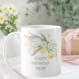 Pastel Pink Tulips Daffodils Floral Birthday Mug コーヒーマグカップ