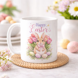 Pastel Pink Tulips Easter Bunny Happy Easter コーヒーマグカップ