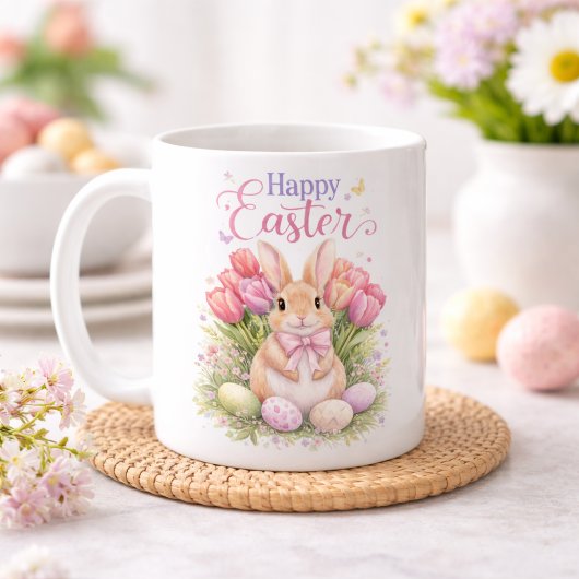 Pastel Pink Tulips Easter Bunny Happy Easter コーヒーマグカップ