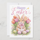 Pastel Pink Tulips Easter Bunny Happy Easter シーズンカード (正面)
