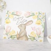 Pastel Pink Tulips & Yellow Daffodils Happy Easter カード
