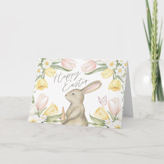 Pastel Pink Tulips & Yellow Daffodils Happy Easter カード (正面)