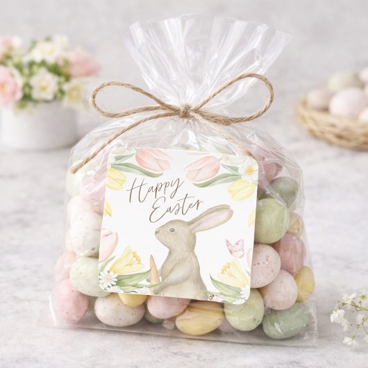 Pastel Pink Tulips & Yellow Daffodils Happy Easter スクエアシール